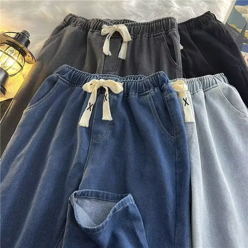 Men Blue Denim Wide Leg Pants Elastic Waist Drawstring — feature 2