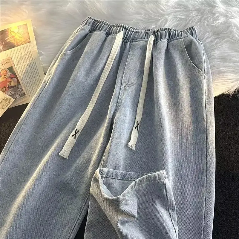Men Blue Denim Wide Leg Pants Elastic Waist Drawstring — feature 7