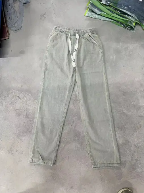 Men Blue Denim Wide Leg Pants Elastic Waist Drawstring