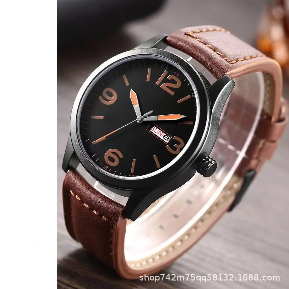 Men's Black Quartz Watch with Brown Leather Belt - Image 4