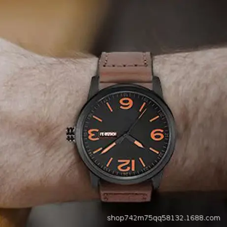 Men's Black Quartz Watch with Brown Leather Belt - Image 6