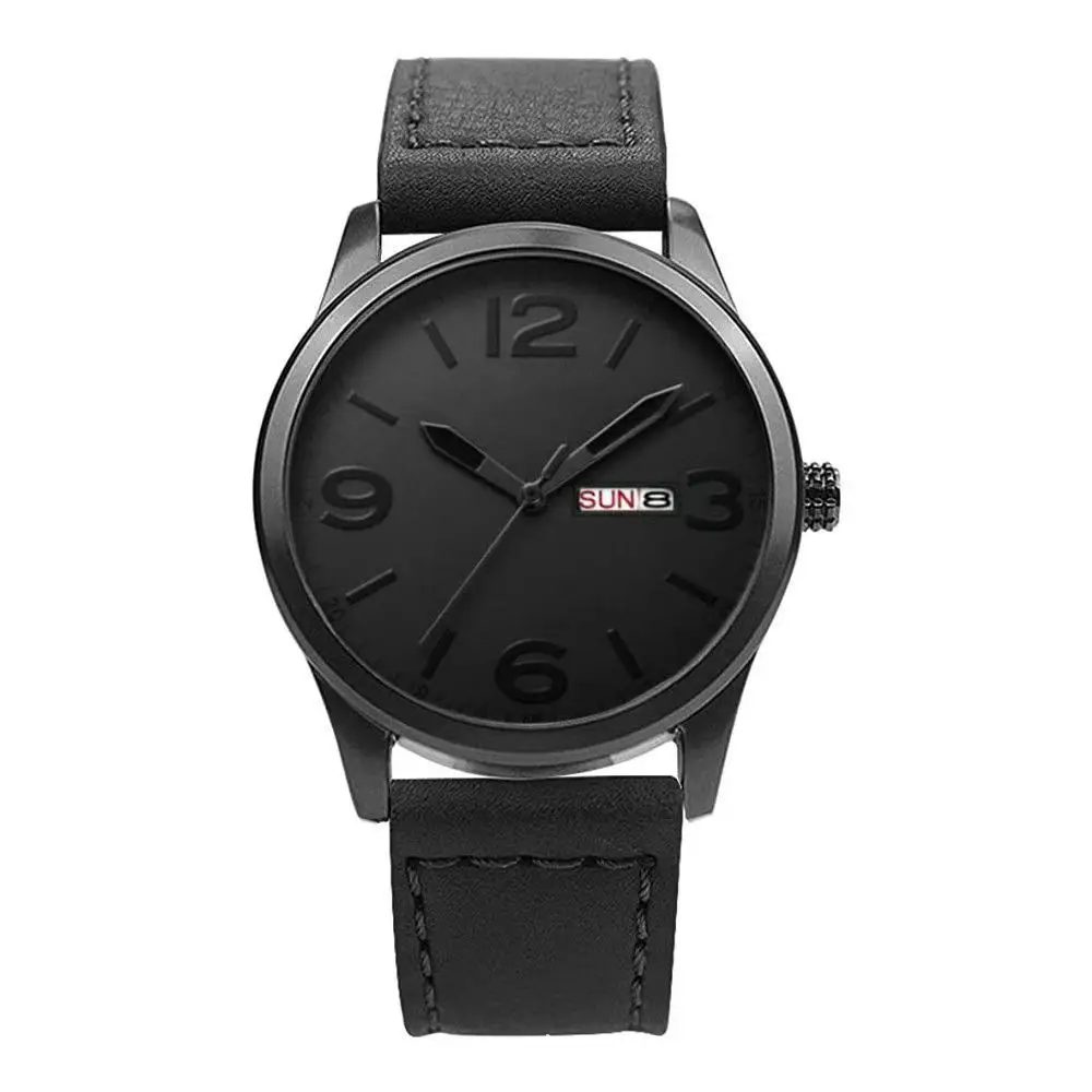 Men's Black Quartz Watch with Brown Leather Belt - Image 2