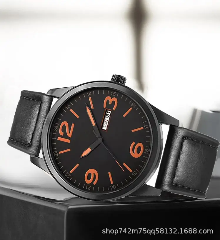 Men's Black Quartz Watch with Brown Leather Belt — feature 10