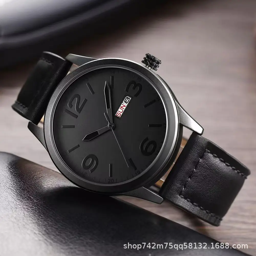 Men's Black Quartz Watch with Brown Leather Belt — feature 5