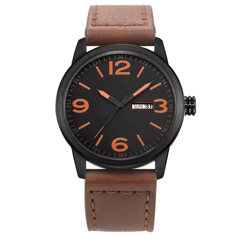 Men's Black Quartz Watch with Brown Leather Belt - Image 3
