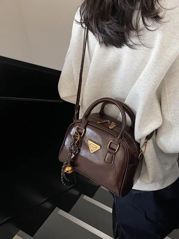 Women Retro Brown Shoulder Crossbody Bowling Bag 2026 - Image 6
