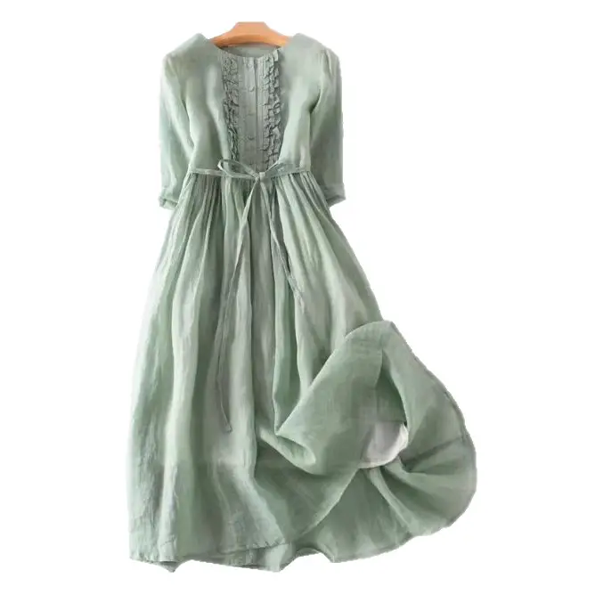 2024 Women's Green Lace Waist Mid-Length Dress - Image 7