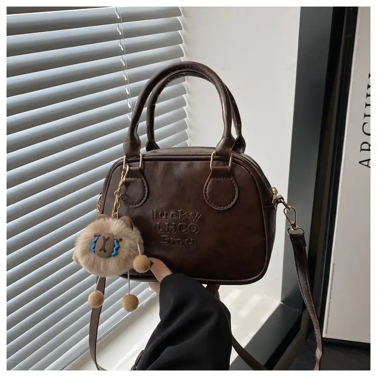 Vintage Brown Handbag with Pendant for Women - Image 8
