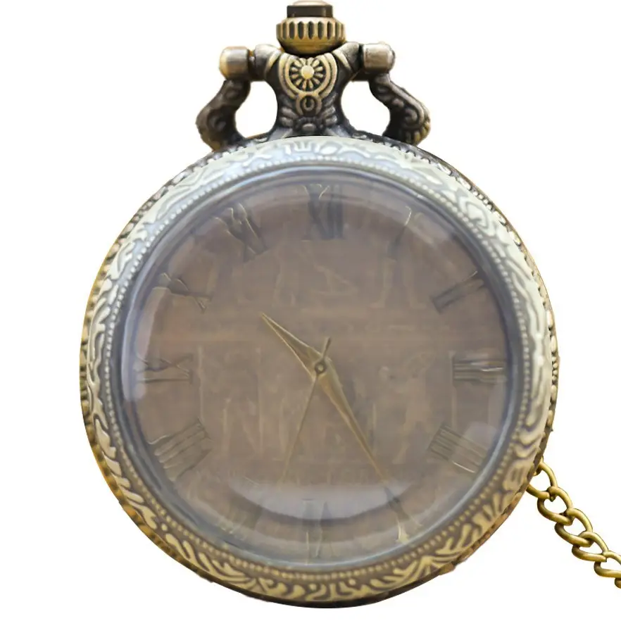 Foreign Trade Classic Ancient Egyptian Graphic Retro Male Female Pocket Watch Bronze Transparent Flip Roman Character Quartz Hanging Watch - Image 6