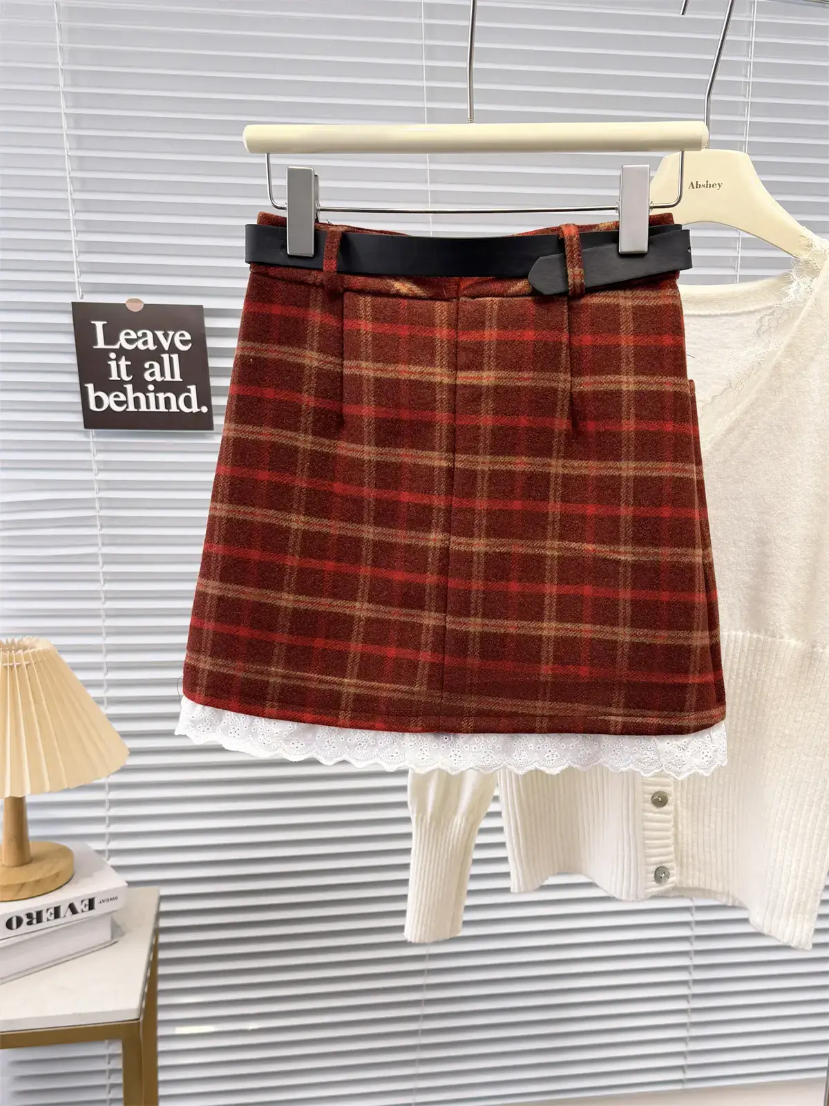 Vintage Plaid Wool Skirt with Belt for Women - Image 6
