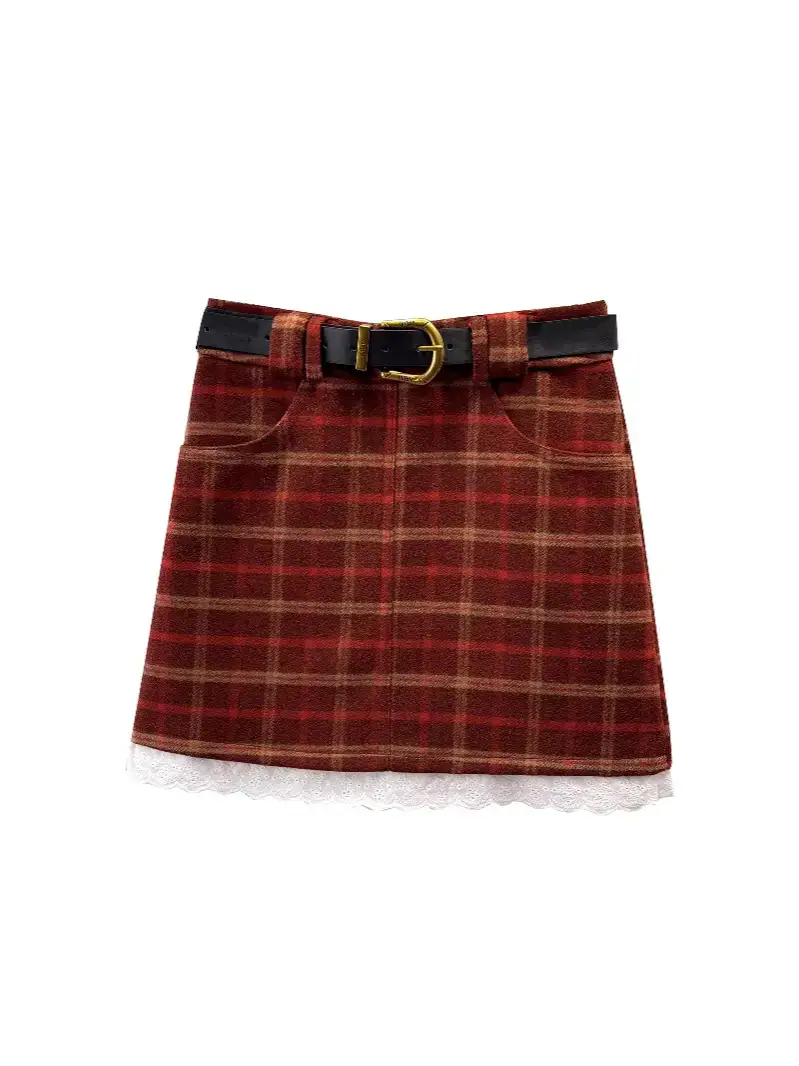 Vintage Plaid Wool Skirt with Belt for Women - Image 7