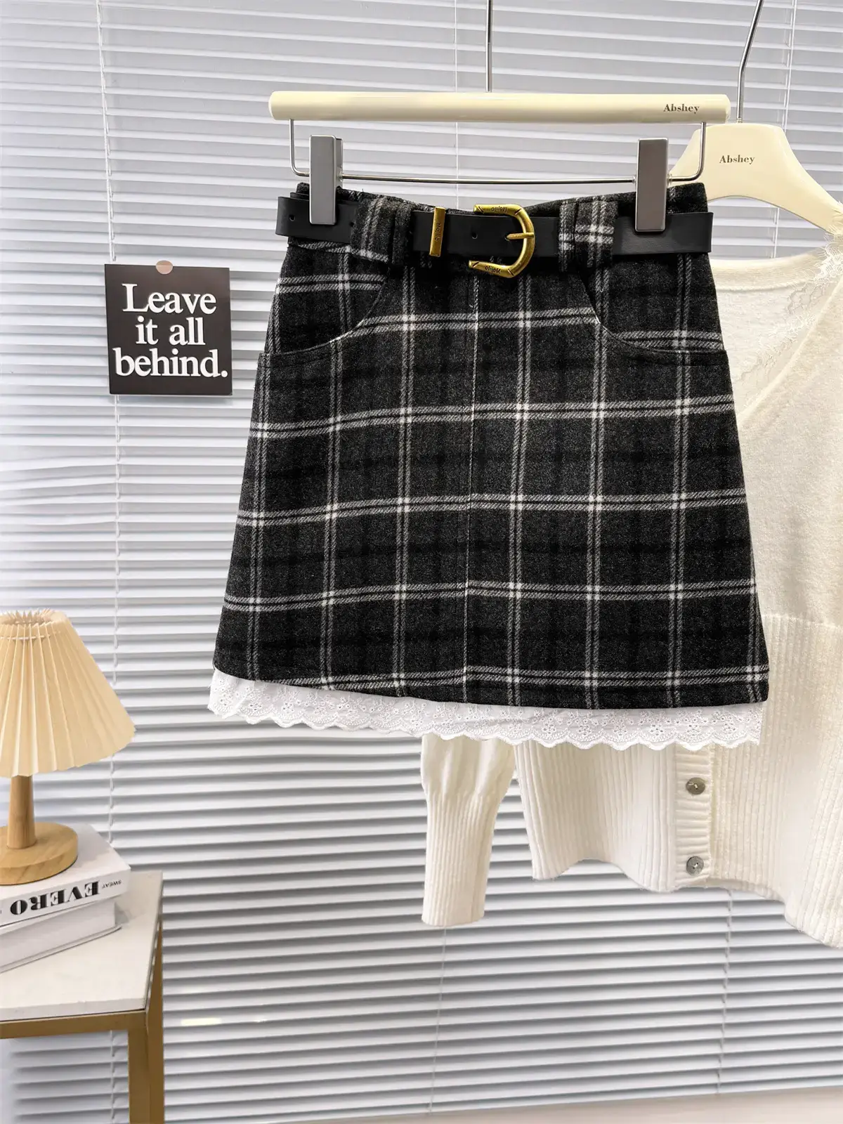 Vintage Plaid Wool Skirt with Belt for Women - Image 2
