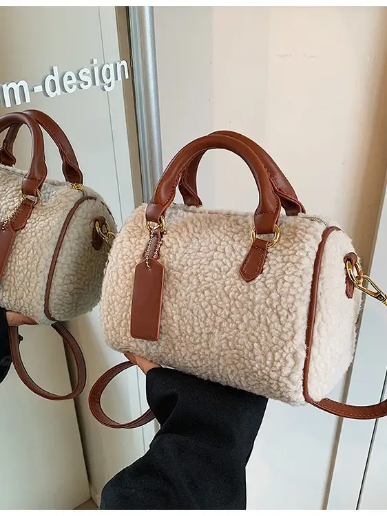 Women's Plush Boston Crossbody Bag Brown Beige - Image 6