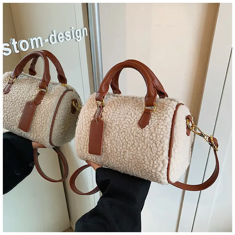 Women's Plush Boston Crossbody Bag Brown Beige - Image 2