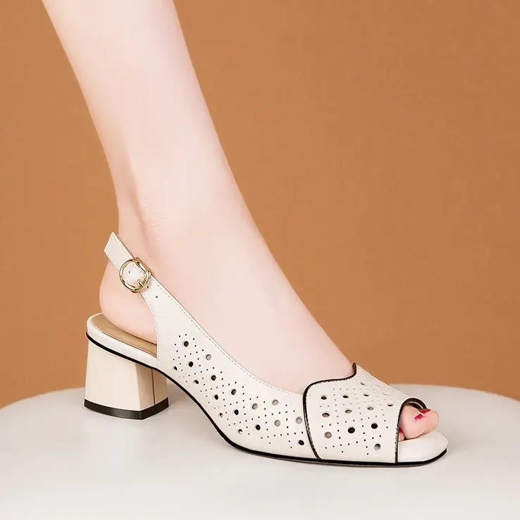 Vacated All-match Chic Heel Fashionable Hollow Fish-mouth Sandals Women's 2025 Summer New Mid-heel Buckle Sandals - Image 4