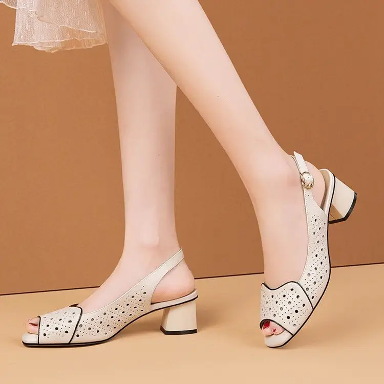 Vacated All-match Chic Heel Fashionable Hollow Fish-mouth Sandals Women's 2025 Summer New Mid-heel Buckle Sandals — feature 1
