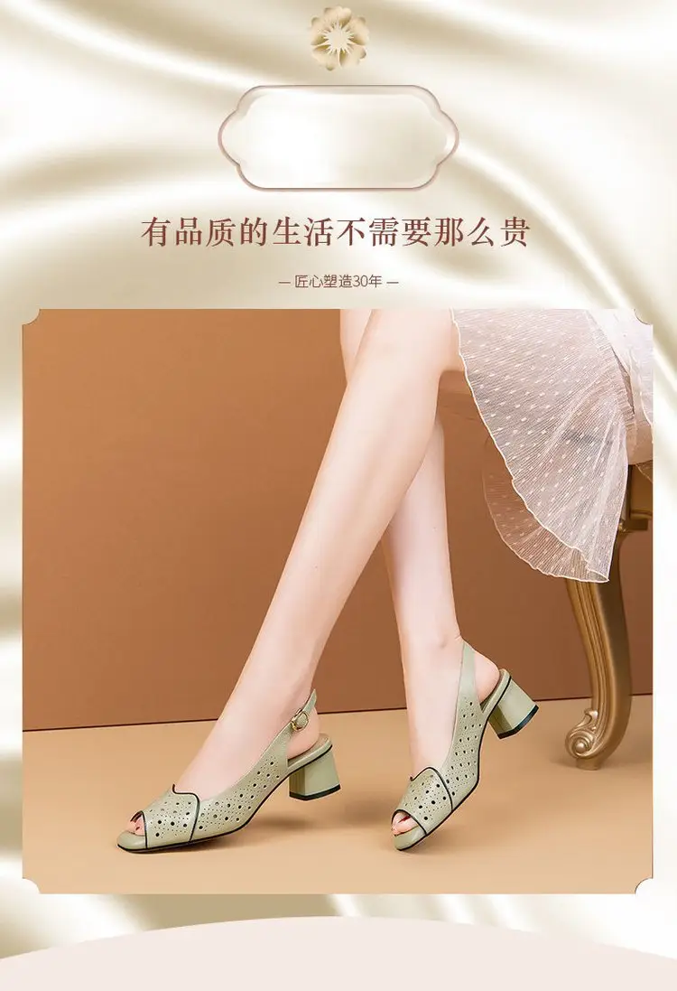 Vacated All-match Chic Heel Fashionable Hollow Fish-mouth Sandals Women's 2025 Summer New Mid-heel Buckle Sandals — feature 2
