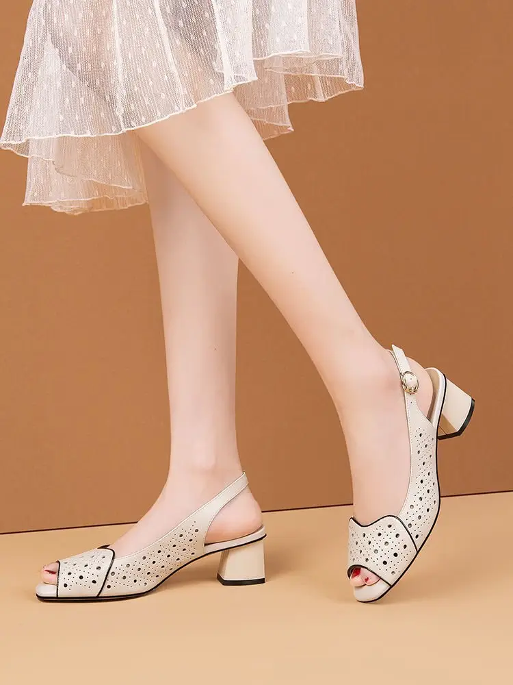 Vacated All-match Chic Heel Fashionable Hollow Fish-mouth Sandals Women's 2025 Summer New Mid-heel Buckle Sandals — feature 6