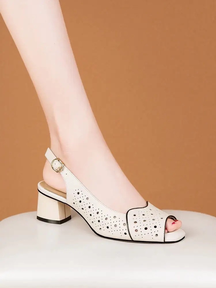 Vacated All-match Chic Heel Fashionable Hollow Fish-mouth Sandals Women's 2025 Summer New Mid-heel Buckle Sandals — feature 8