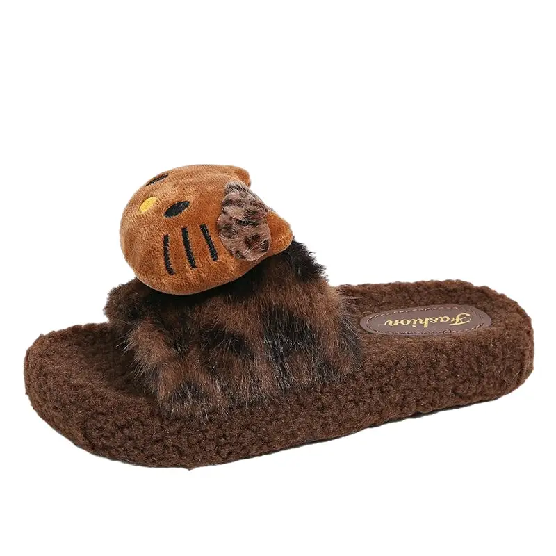 Cute Leopard Print Furry Slippers for Women 2026 New Autumn and Winter Home Indoor Non-Slip Supermarket Wholesale Cotton Slippers for Women