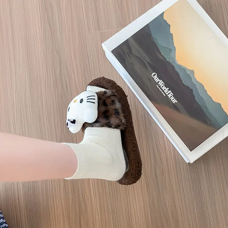 Cute Leopard Print Furry Slippers for Women 2026 New Autumn and Winter Home Indoor Non-Slip Supermarket Wholesale Cotton Slippers for Women