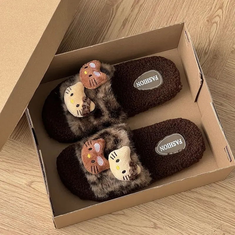 Cute Leopard Print Furry Slippers for Women 2026 New Autumn and Winter Home Indoor Non-Slip Supermarket Wholesale Cotton Slippers for Women