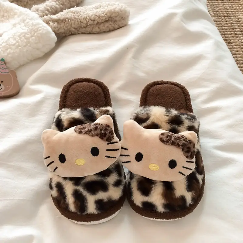 Cute Leopard Print Furry Slippers for Women 2026 New Autumn and Winter Home Indoor Non-Slip Supermarket Wholesale Cotton Slippers for Women