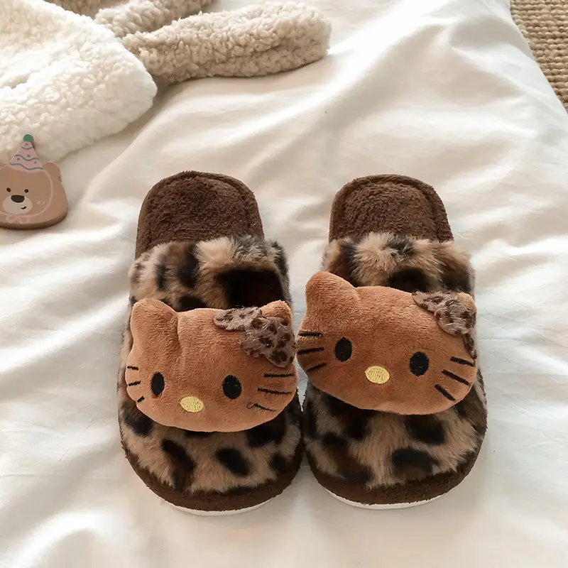 Cute Leopard Print Furry Slippers for Women 2026 New Autumn and Winter Home Indoor Non-Slip Supermarket Wholesale Cotton Slippers for Women