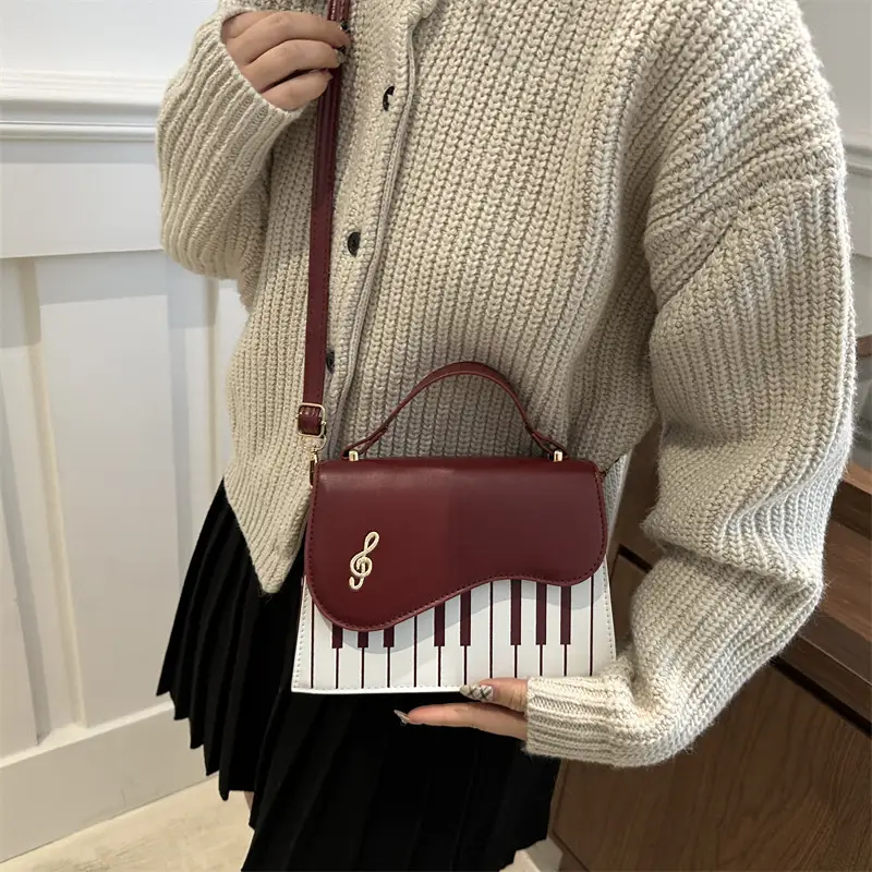 Women Embroidered Piano Shoulder Bag Brown Red - Image 8