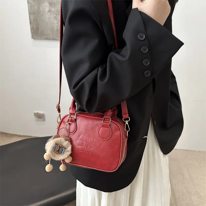 Vintage Women's Brown Shoulder Crossbody Bag with Pom Pom Charm - Image 6