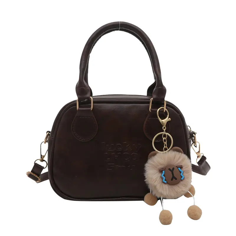 Vintage Women's Brown Shoulder Crossbody Bag with Pom Pom Charm - Image 9