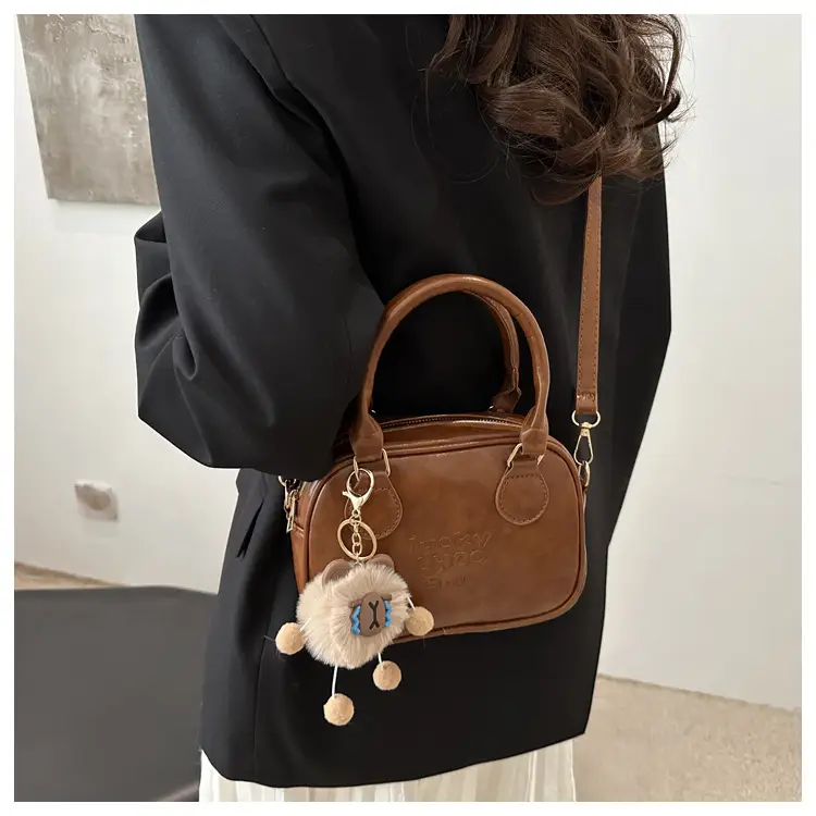 Vintage Women's Brown Shoulder Crossbody Bag with Pom Pom Charm — feature 10