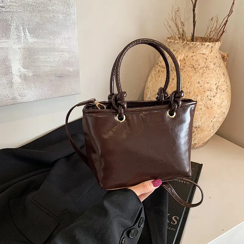 Retro Textured Bucket Bag Brown Winter Commuter Shoulder - Image 6