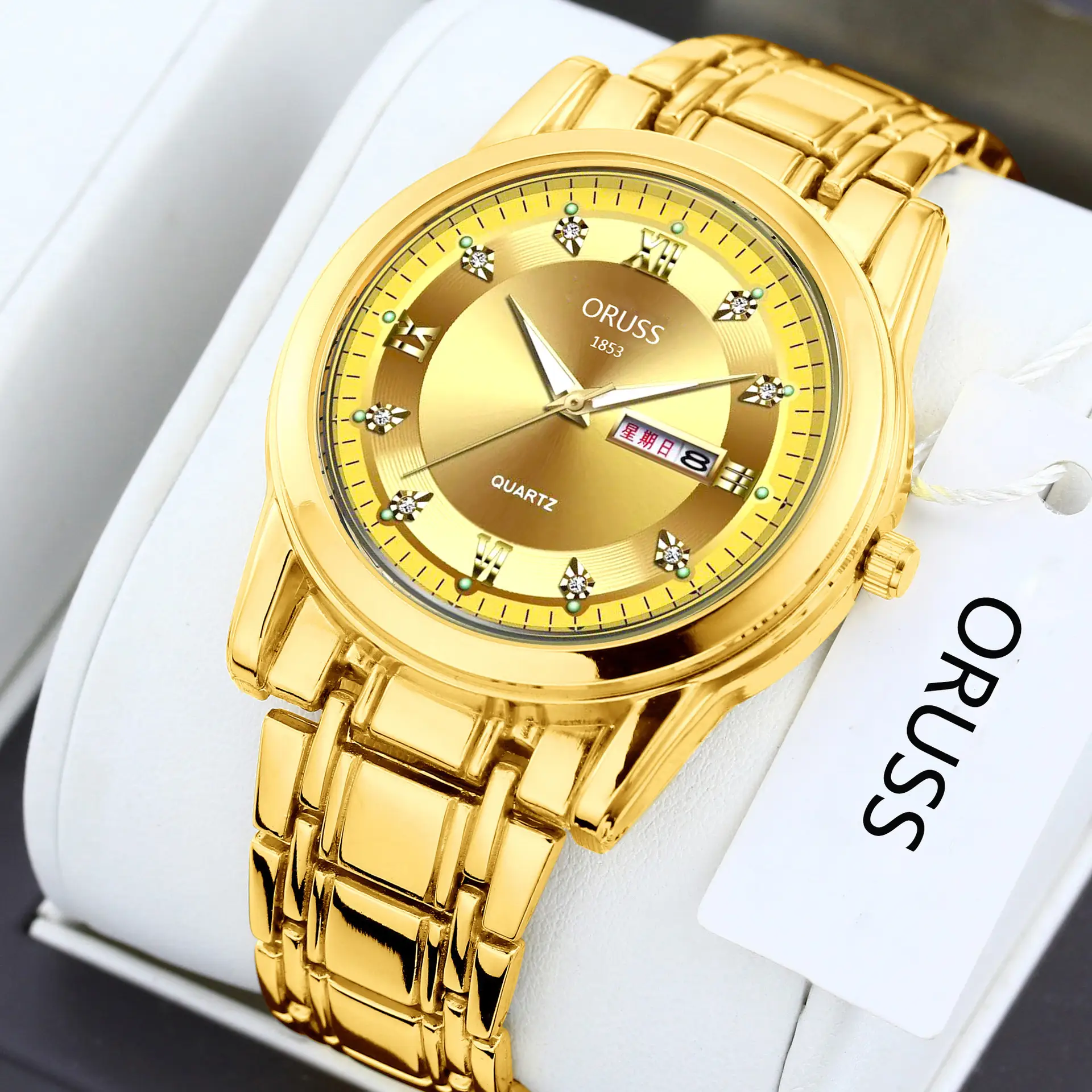 Gold Quartz Men's Watch with Diamond Dial & Steel Band - Image 12