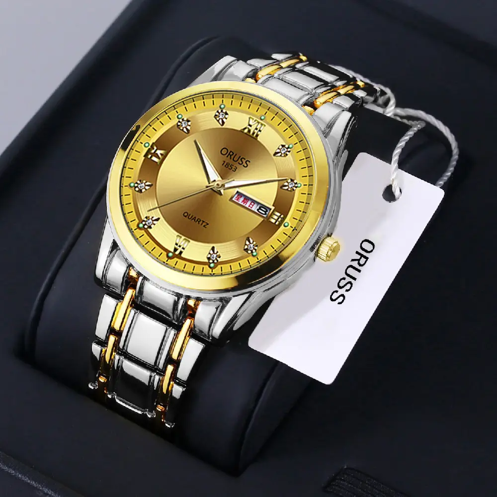 Gold Quartz Men's Watch with Diamond Dial & Steel Band — feature 2