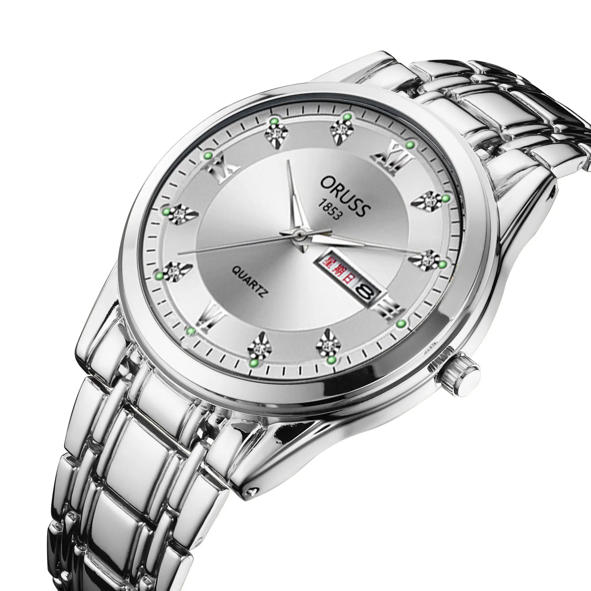 Gold Quartz Men's Watch with Diamond Dial & Steel Band — feature 3