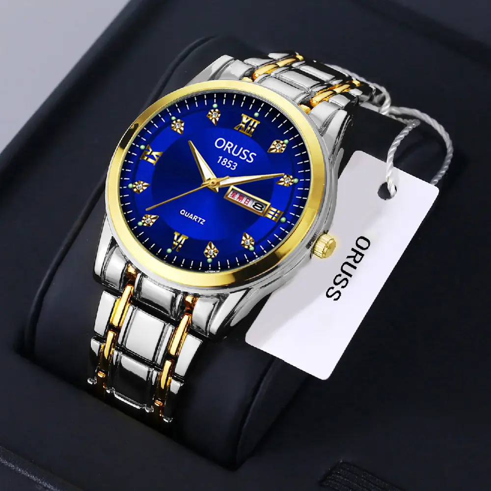 Gold Quartz Men's Watch with Diamond Dial & Steel Band — feature 7