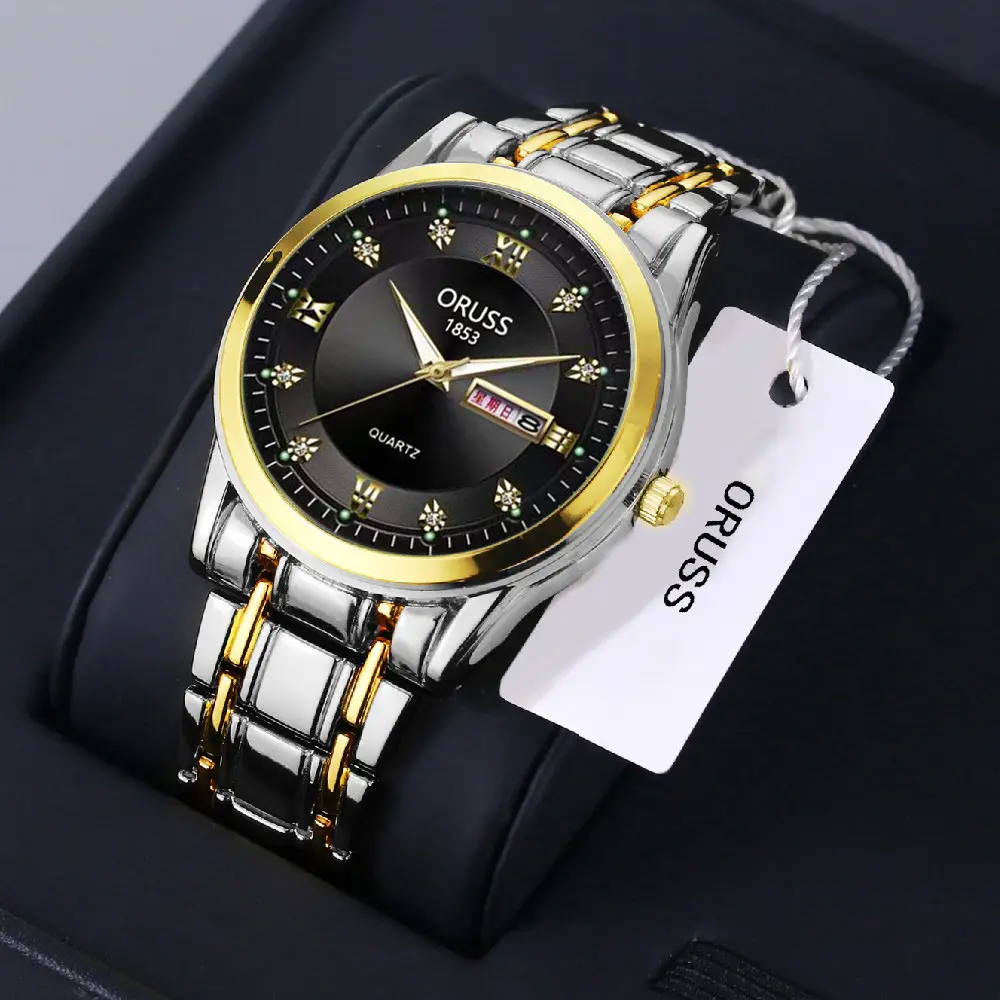 Gold Quartz Men's Watch with Diamond Dial & Steel Band — feature 9