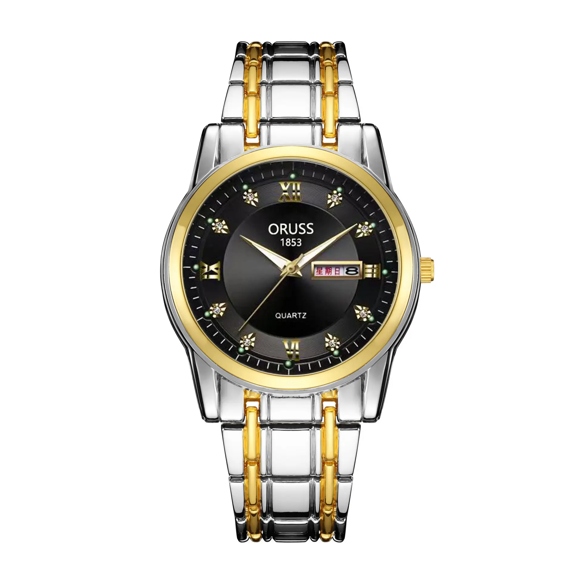 Gold Quartz Men's Watch with Diamond Dial & Steel Band - Image 3