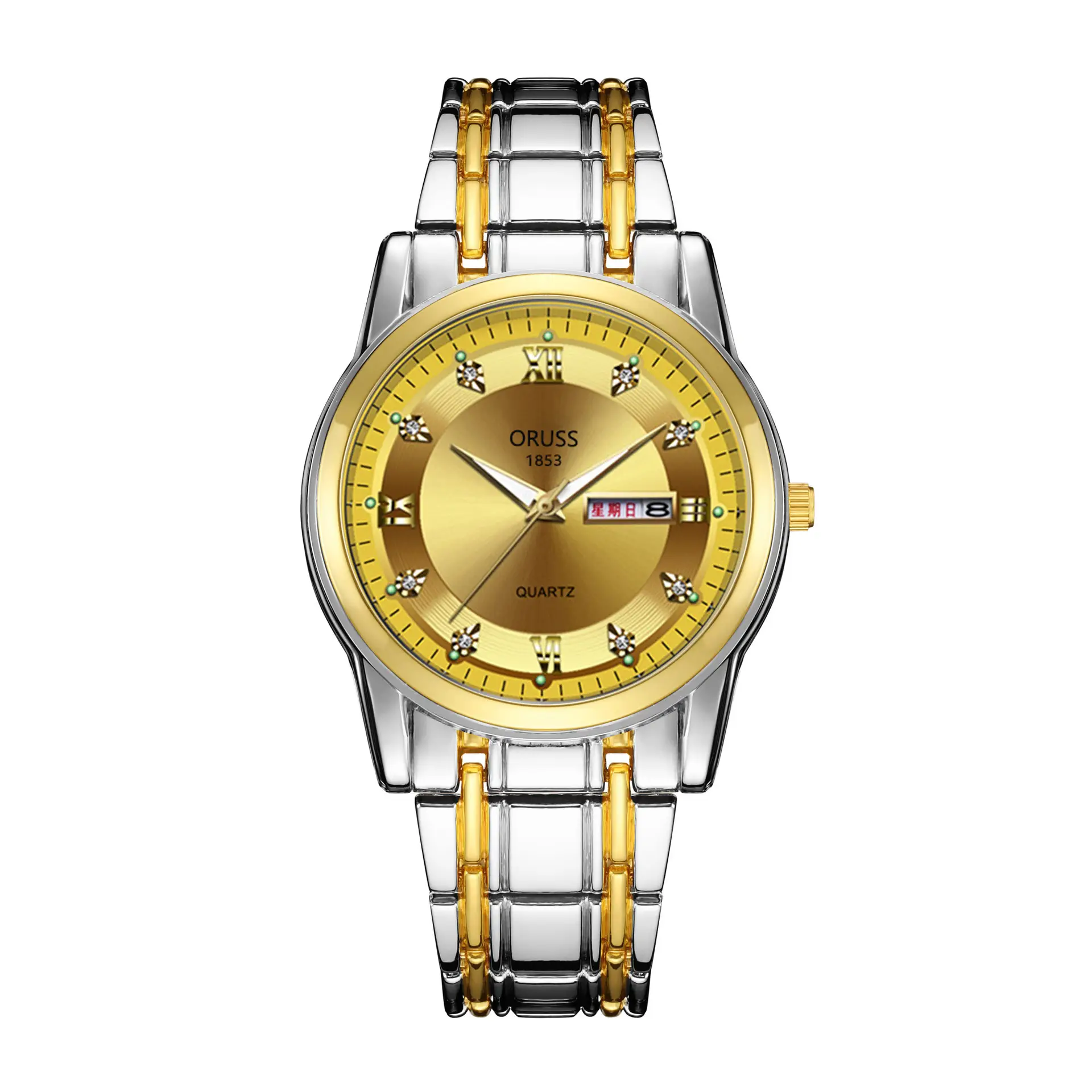 Gold Quartz Men's Watch with Diamond Dial & Steel Band - Image 6