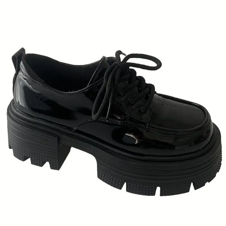 British Style Small Leather Shoes Thick Sole Increased Loafers Women's 2025 Spring New Patent Leather Round High Heel Thick Heel Lace-up - Image 6