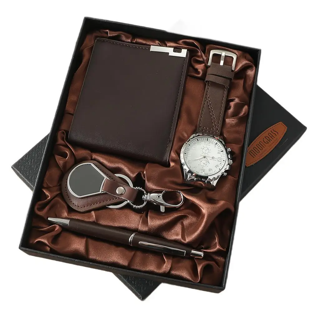 2025 Men's Brown Quartz Watch Wallet Belt Keychain Set