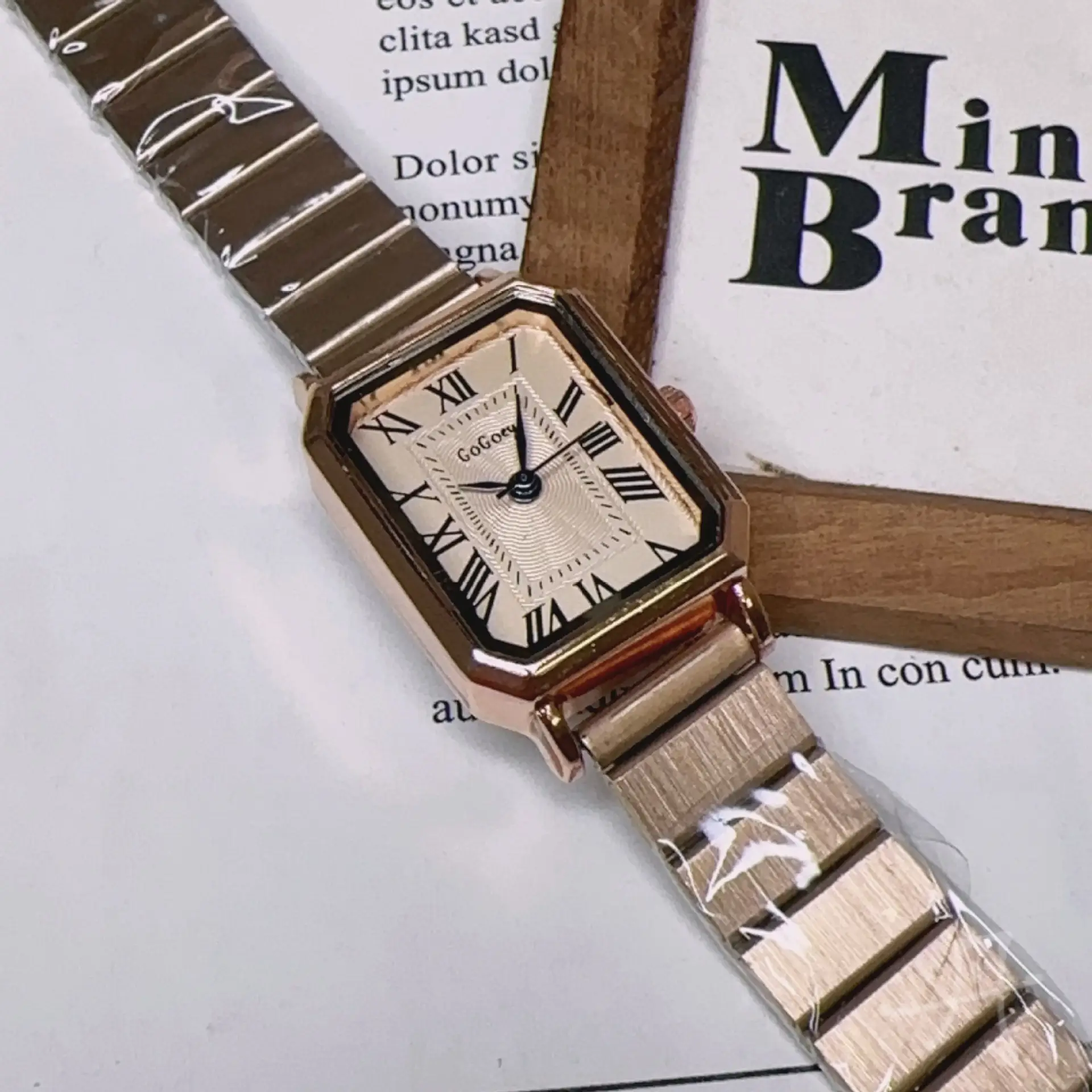 Women's Square Gold Watch with Stainless Steel Band