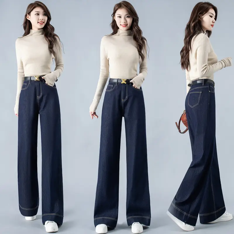 Dark Blue Wide Leg Jeans Women Spring Autumn 2026