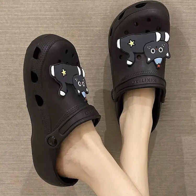 Cute Black Cat Hole Shoes Women's Summer Indoor and Outdoor Wear Student Dormitory Non-Slip Thick Bottom Double-Wear Baotou Sandals - Image 4