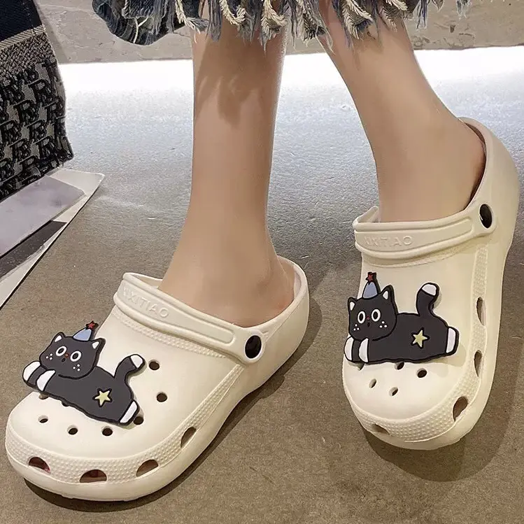 Cute Black Cat Hole Shoes Women's Summer Indoor and Outdoor Wear Student Dormitory Non-Slip Thick Bottom Double-Wear Baotou Sandals - Image 7