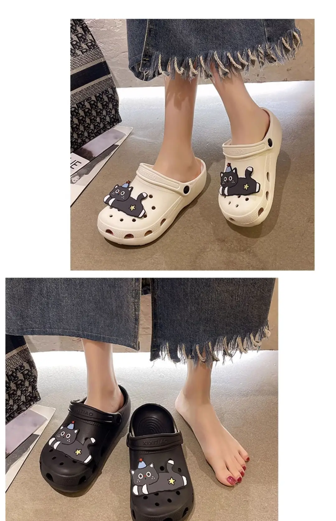 Cute Black Cat Hole Shoes Women's Summer Indoor and Outdoor Wear Student Dormitory Non-Slip Thick Bottom Double-Wear Baotou Sandals — feature 12