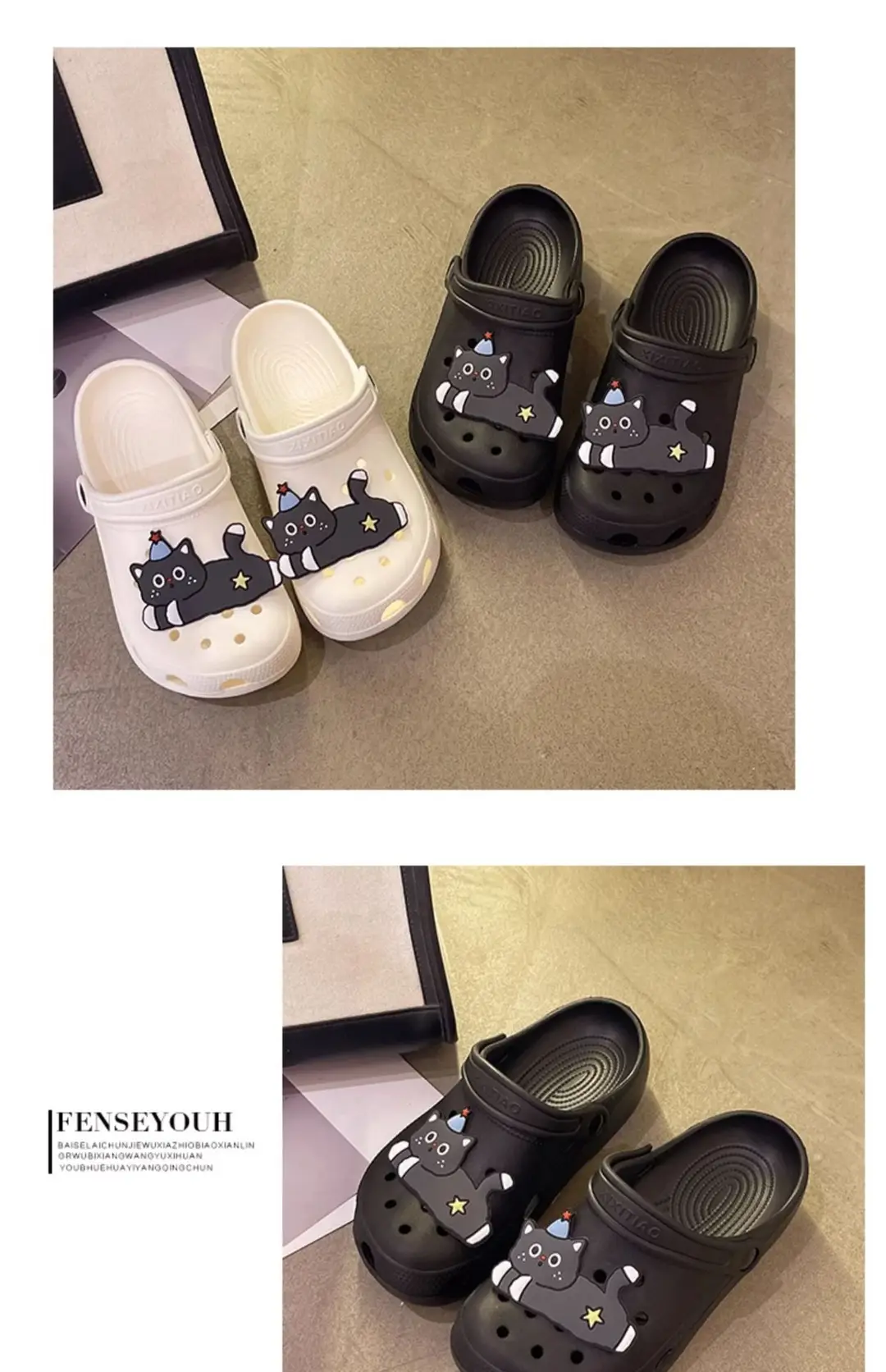Cute Black Cat Hole Shoes Women's Summer Indoor and Outdoor Wear Student Dormitory Non-Slip Thick Bottom Double-Wear Baotou Sandals — feature 16