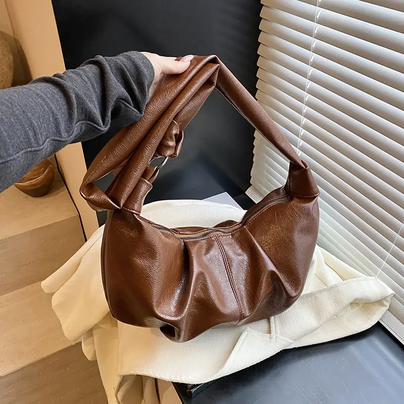 Brown Pleated Korean Style Handbag for Women - Image 5