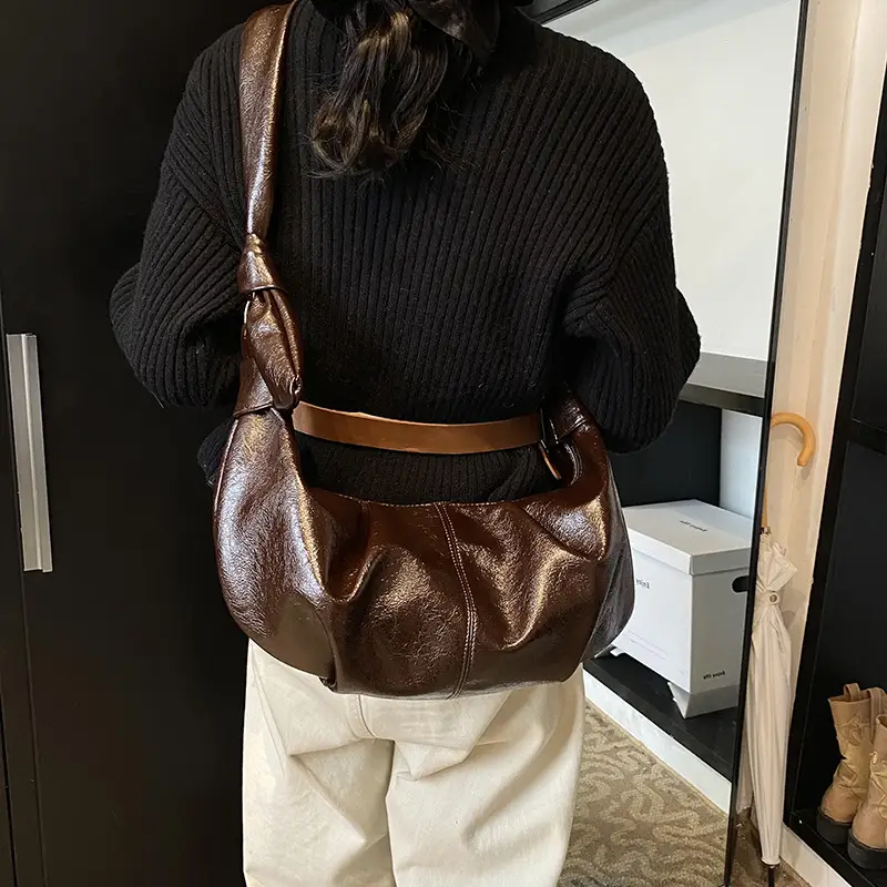 Brown Pleated Korean Style Handbag for Women - Image 3
